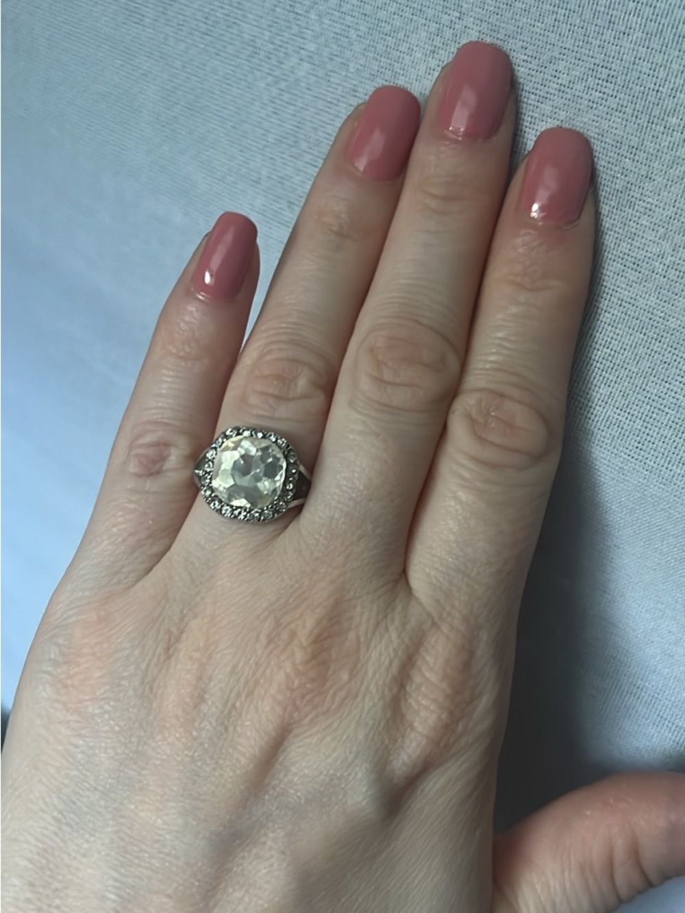Statement Oval Crystal Ring with Halo Setting – Silver Tone